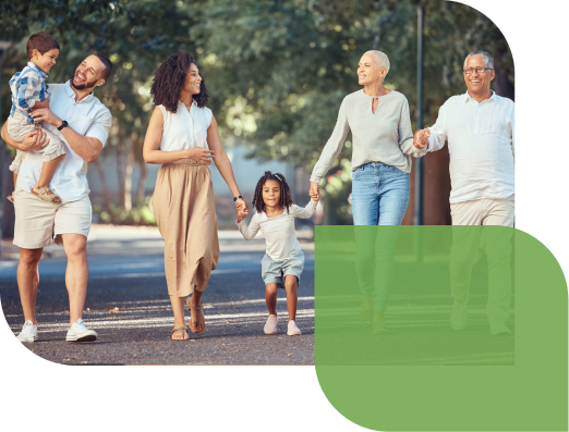 A multi-generational family walking down a road depicting the comfort that comes from owning a Whole Life Insurance policy